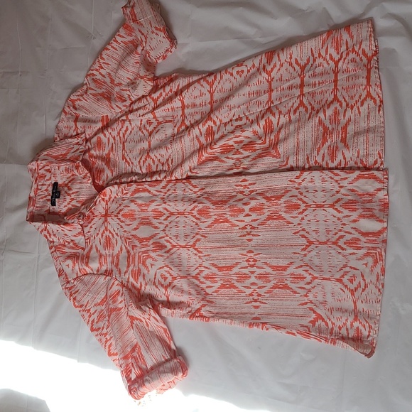 🍂Antilia Femme Coral & White Tribal Lines Button-Down Blouse w/Tab Sleeves Med. - Picture 1 of 16